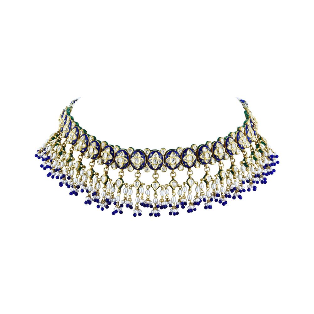 Polki Choker with Enamel, Pearl Bunches, and Blue Bead Accents